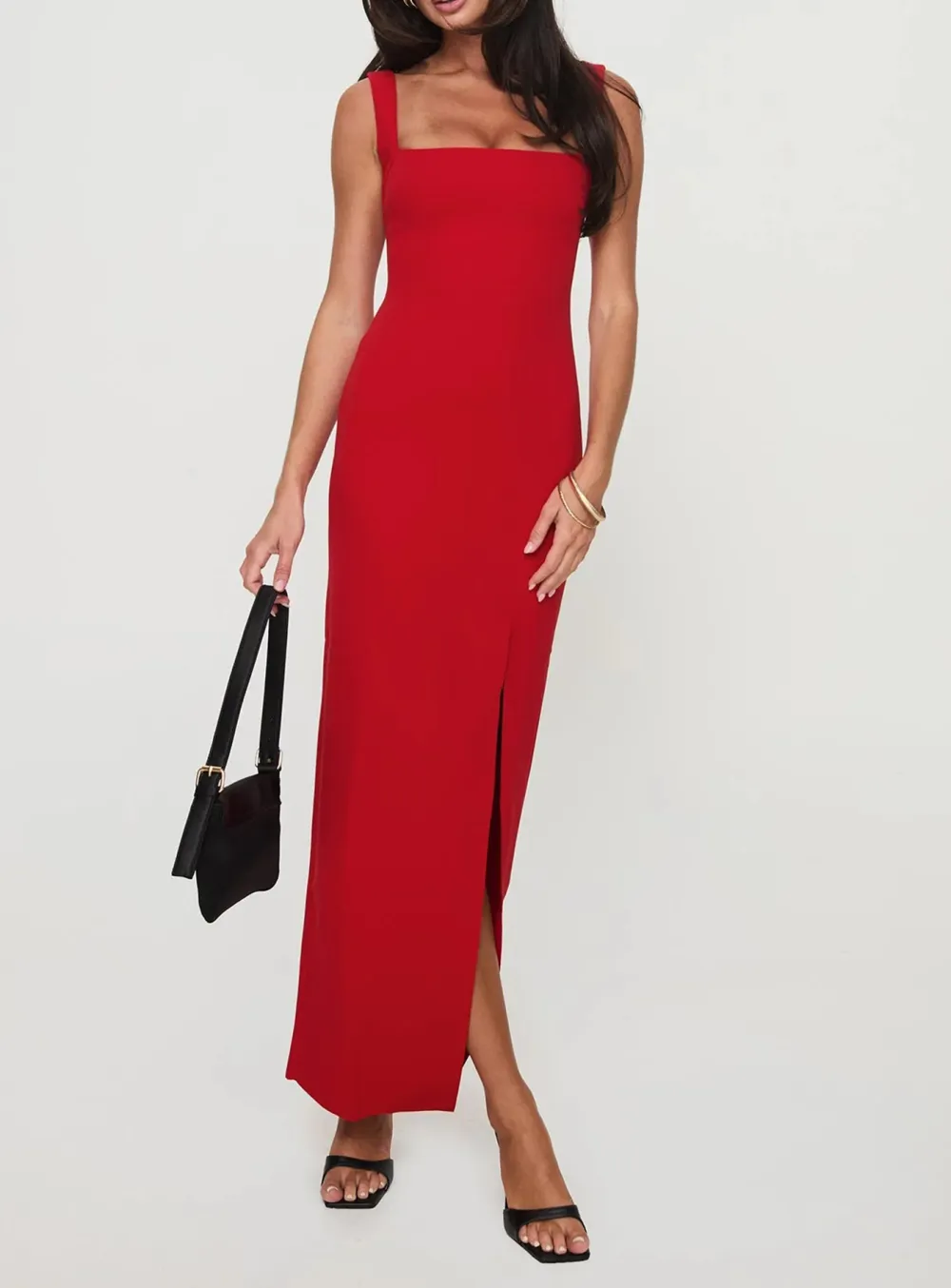Black Square Neck Side Split Maxi Dress