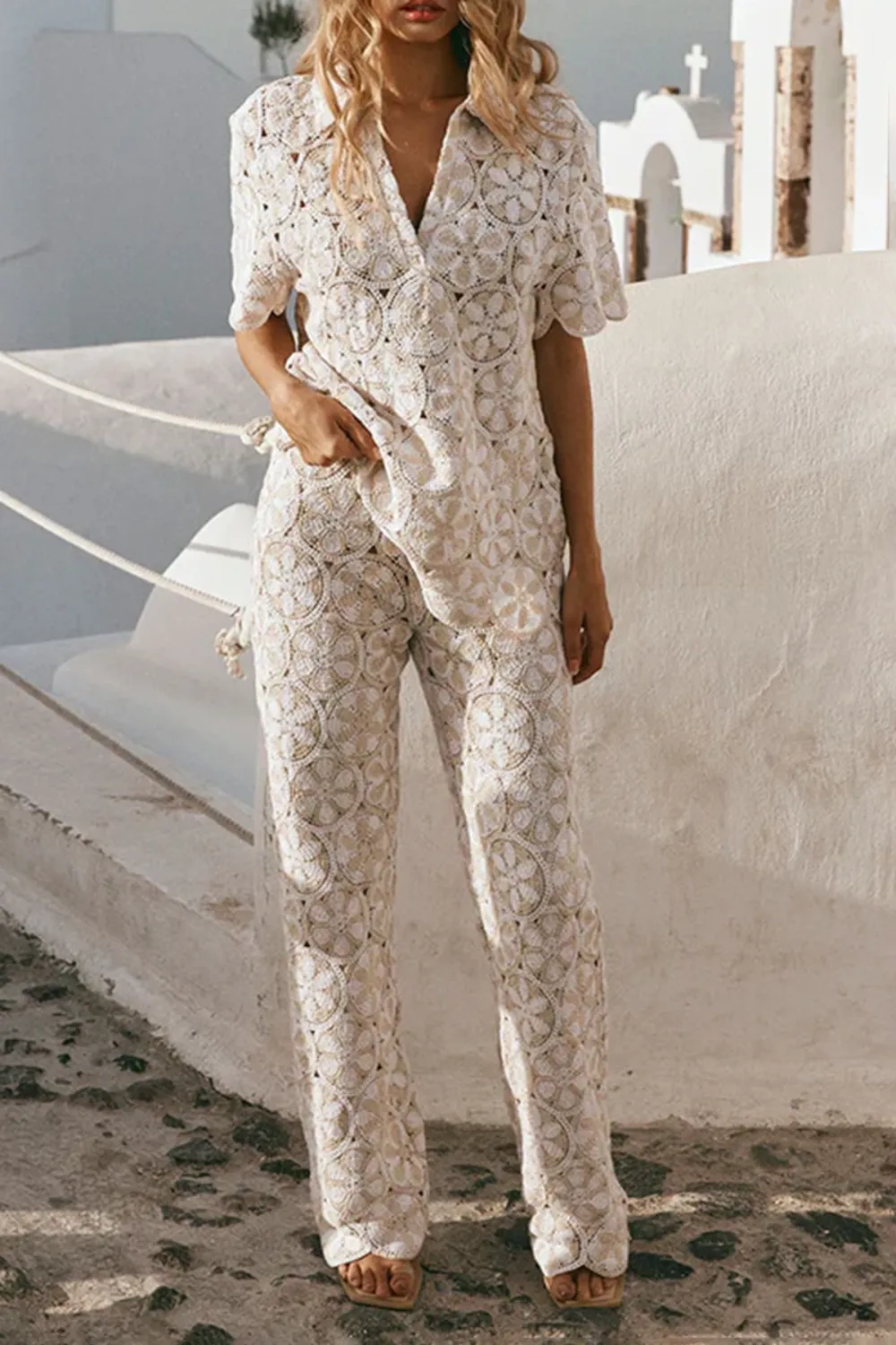 Floral Embroidery Wide Leg Trousers