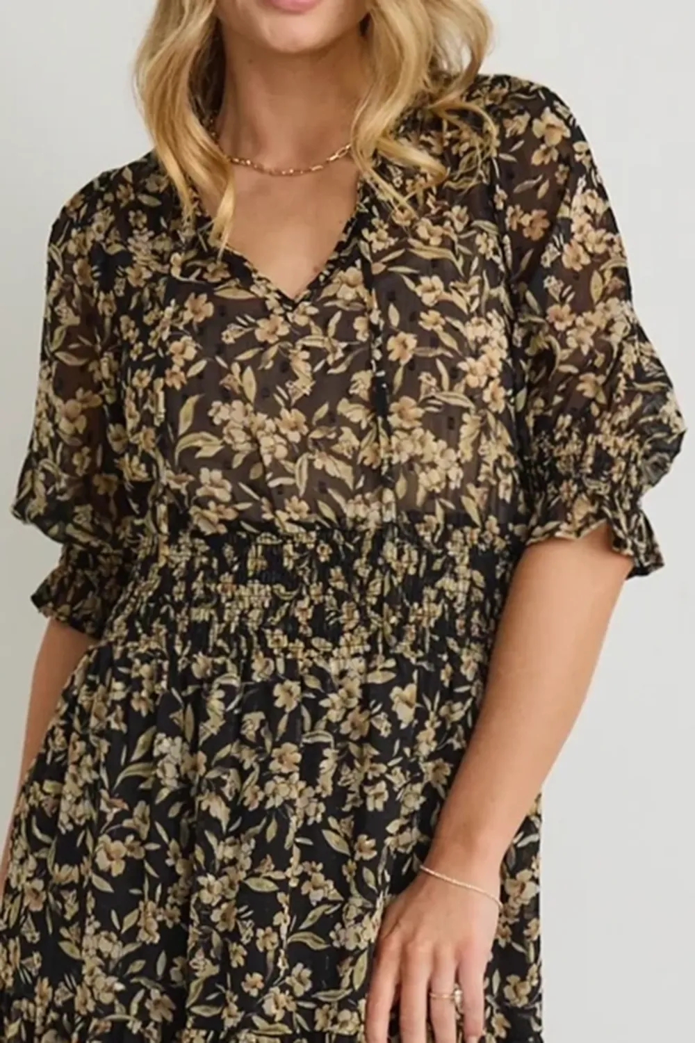 Black Gold Floral V - Neck Tiered Dress