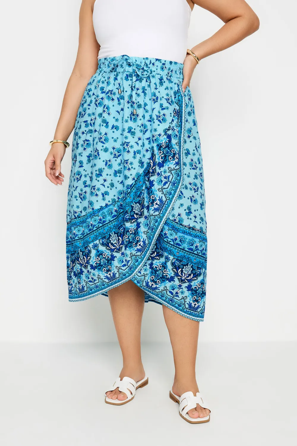YOURS Curve Blue Floral Print Wrap Skirt