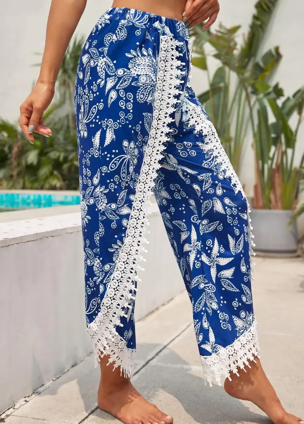 Blue Patchwork Tribal Print Elastic Waist Pants