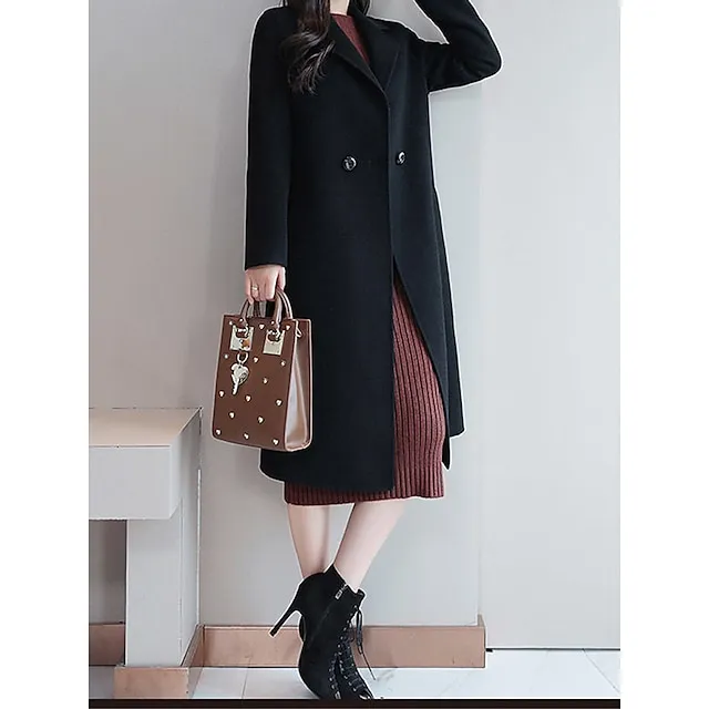Women's Winter Coat Long Overcoat Double  Breasted Lapel Pea Coat Thermal Warm Windproof Trench Coat Stylish Contemporary Modern Jacket Long Sleeve with Pockets Black Yellow Red