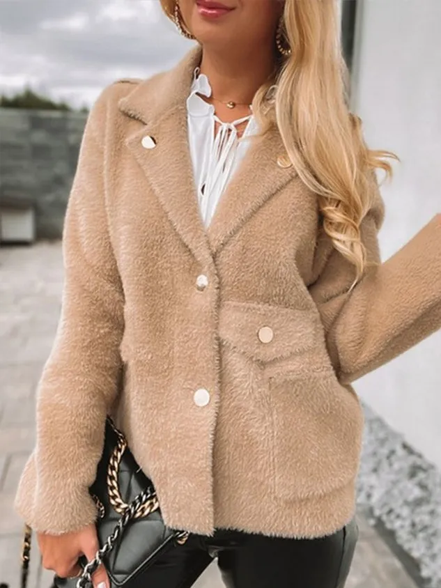 Casual Shawl Collar Plain Long Sleeve Teddy Jacket