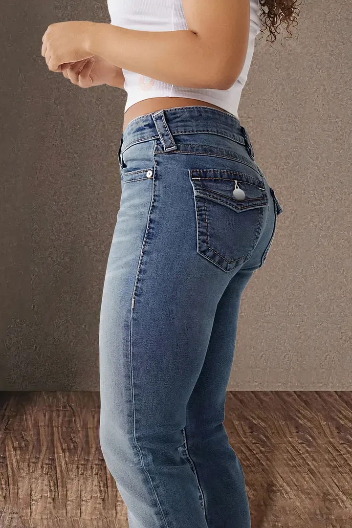 Double Button Mid Waist Straight Leg Jeans