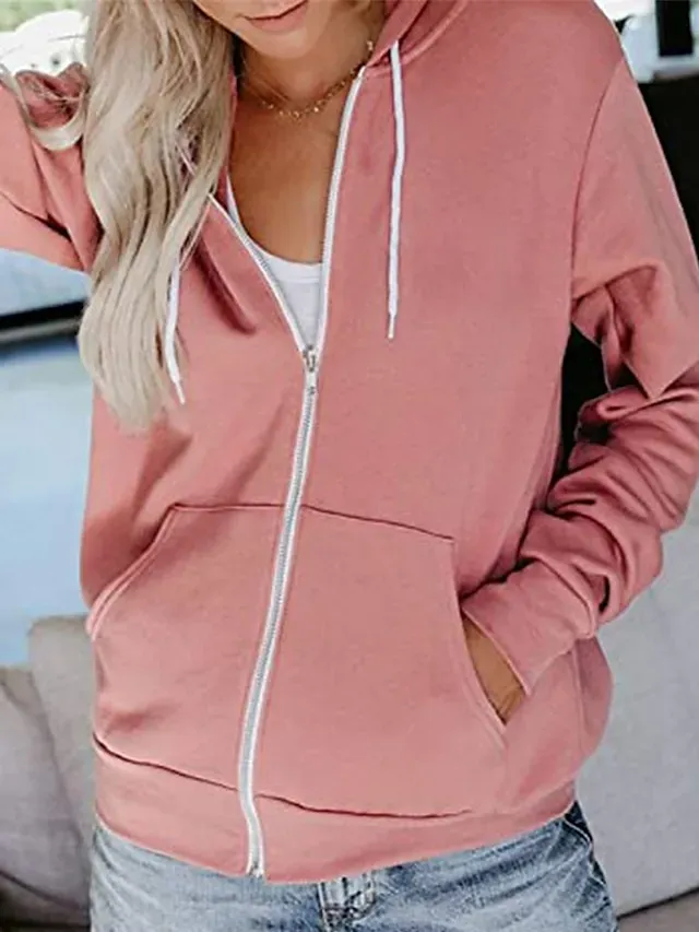 Women's Hoodied Jacket Casual Jacket Fall Spring Outdoor Zipper Plain Breathable Streetwear Regular Fit Outerwear Long Sleeve Summer Black S