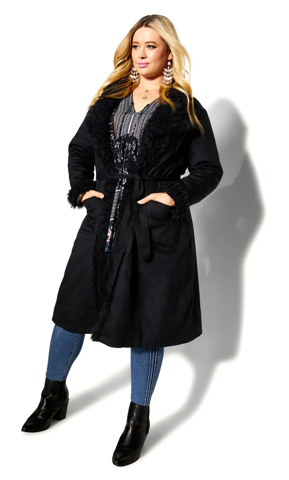 Evans Black Faux Fur Trim Tie Waist Coat