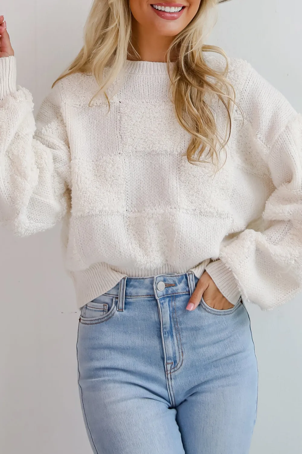 Cozy Effect Cream Checkered Fuzzy Knit Sweater