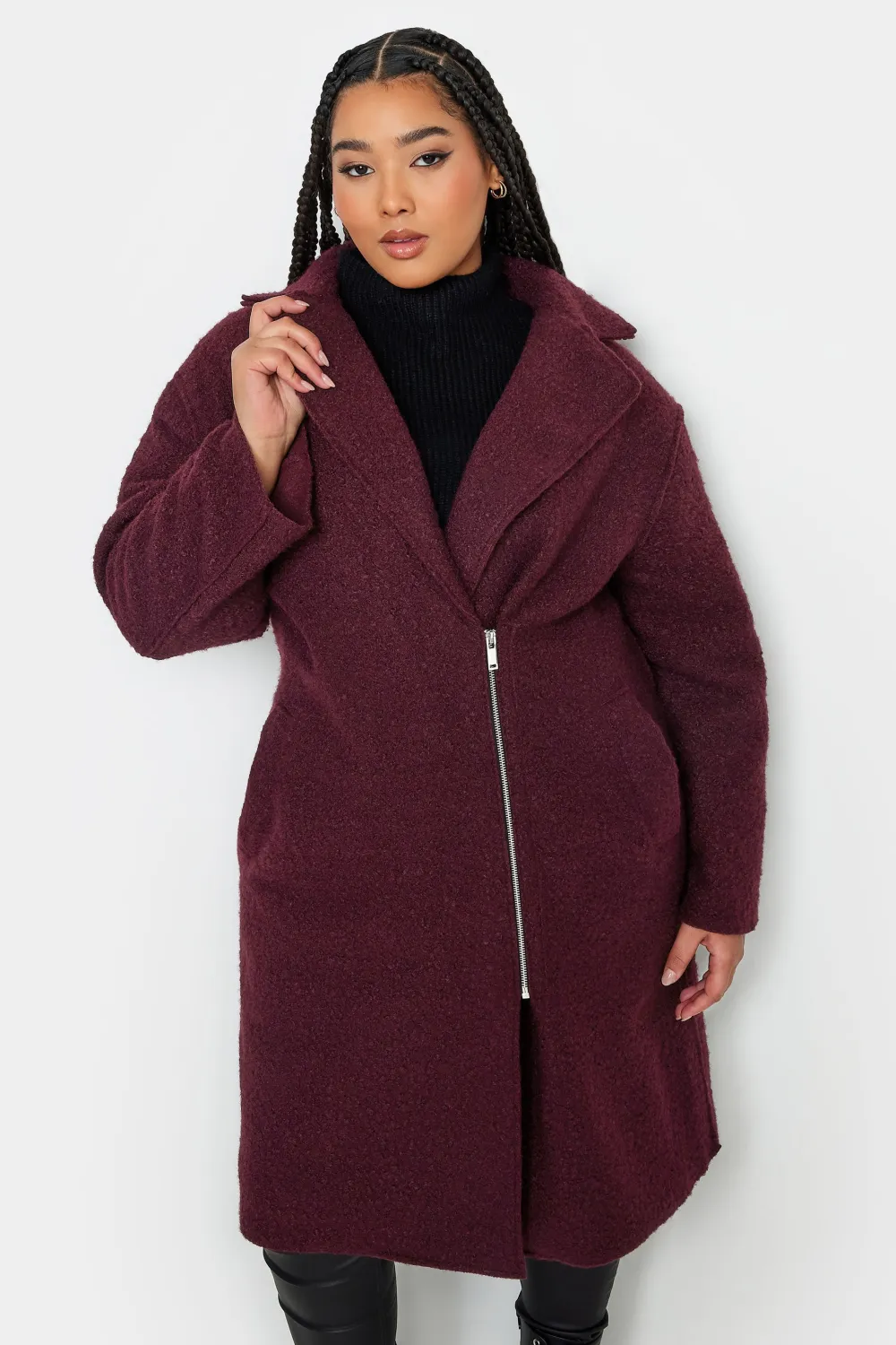 YOURS Curve Burgundy Red Boucle Biker Coat