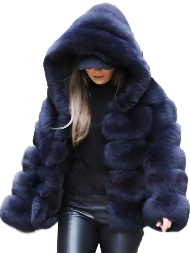 Women's Faux Fur Coat Regular Oversized Coat Sapphire Black Wine Dark Green khaki Party Party Fall Hoodie Regular Fit S M L XL XXL 3XL / Daily