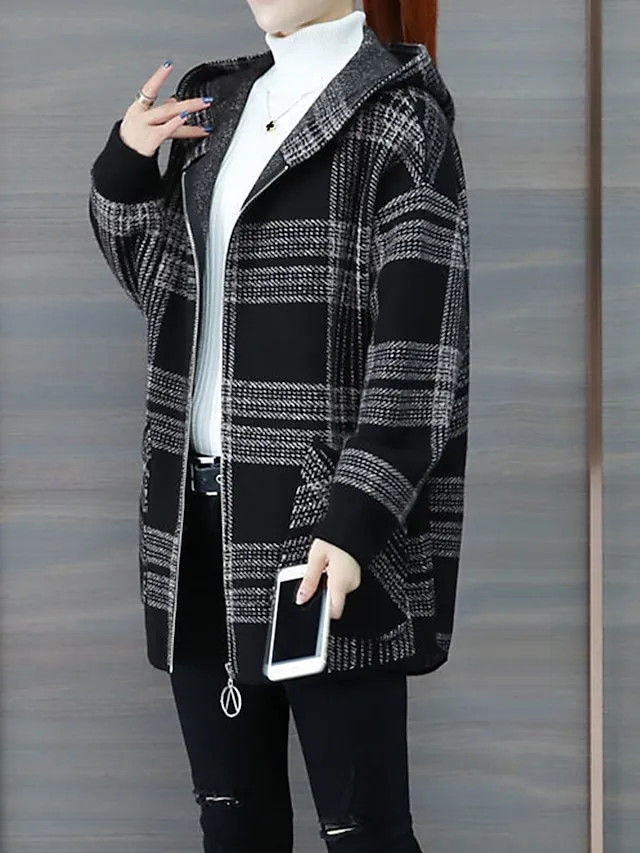 Women's Hoodie Jacket Fall Zip up Sweatshirt Plaid Print Winter Cropped Coat Windproof Warm Casual Jacket Long Sleeve Plaid with Pockets Black