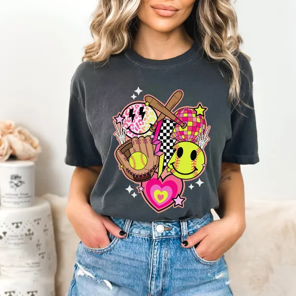 Baseball Season Printed Round Neck Short Sleeve T-Shirt