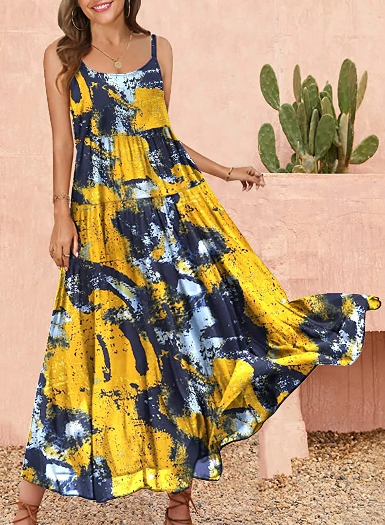 Summer Dresses for Women Casual Loose Bohemian Floral Dress with Pockets Spaghetti Strap Maxi Dress E75