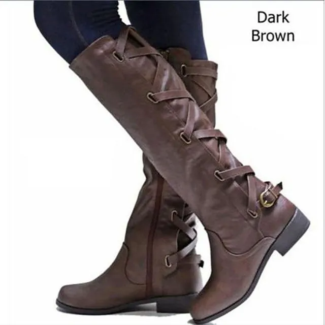 Women's Boots Biker boots Lace Up Boots Riding Boots Party Outdoor Knee High Boots Chunky Heel Fashion Classic Casual PU Solid Color dark brown claret Black