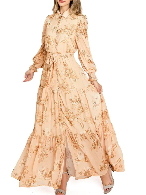 Apricot Floral Long - Sleeve Maxi Dress