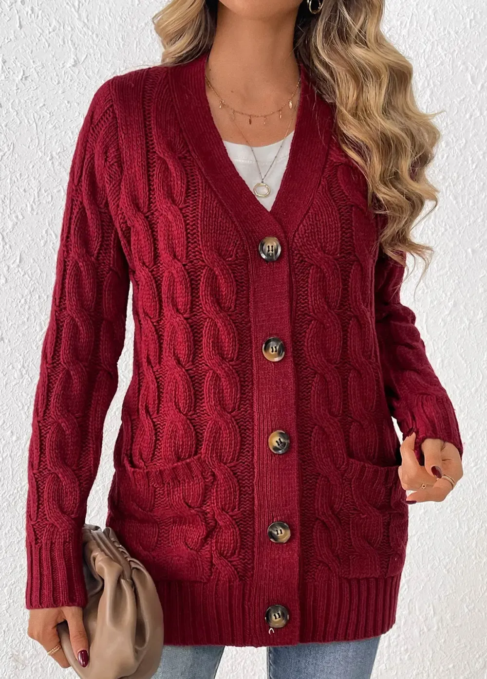 Wine Red Button Long Sleeve V Neck Cardigan