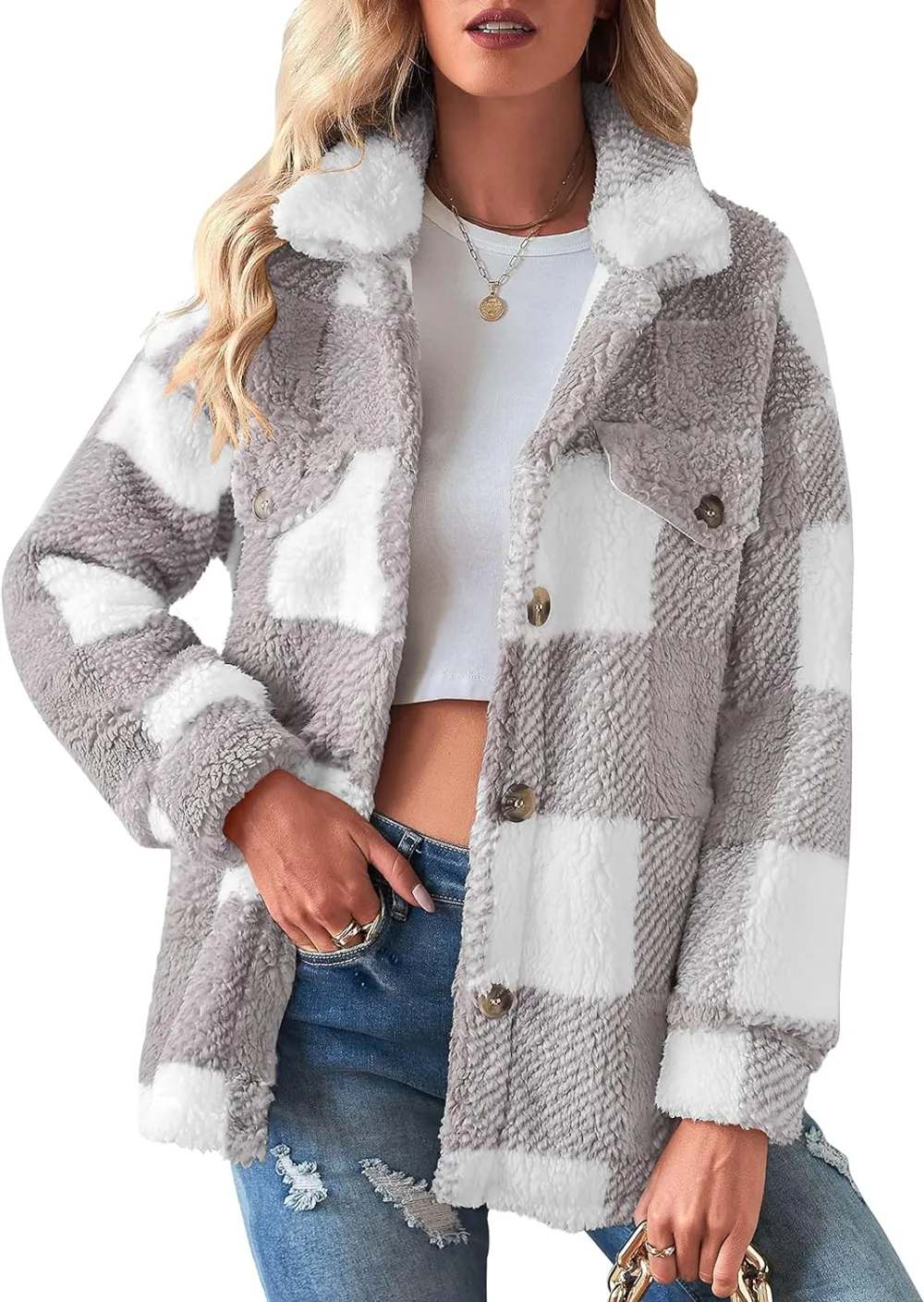 Women's Fleece Plaid Jacket Coats Button Down Lapel Sherpa Shacket Outwear with Pockets
