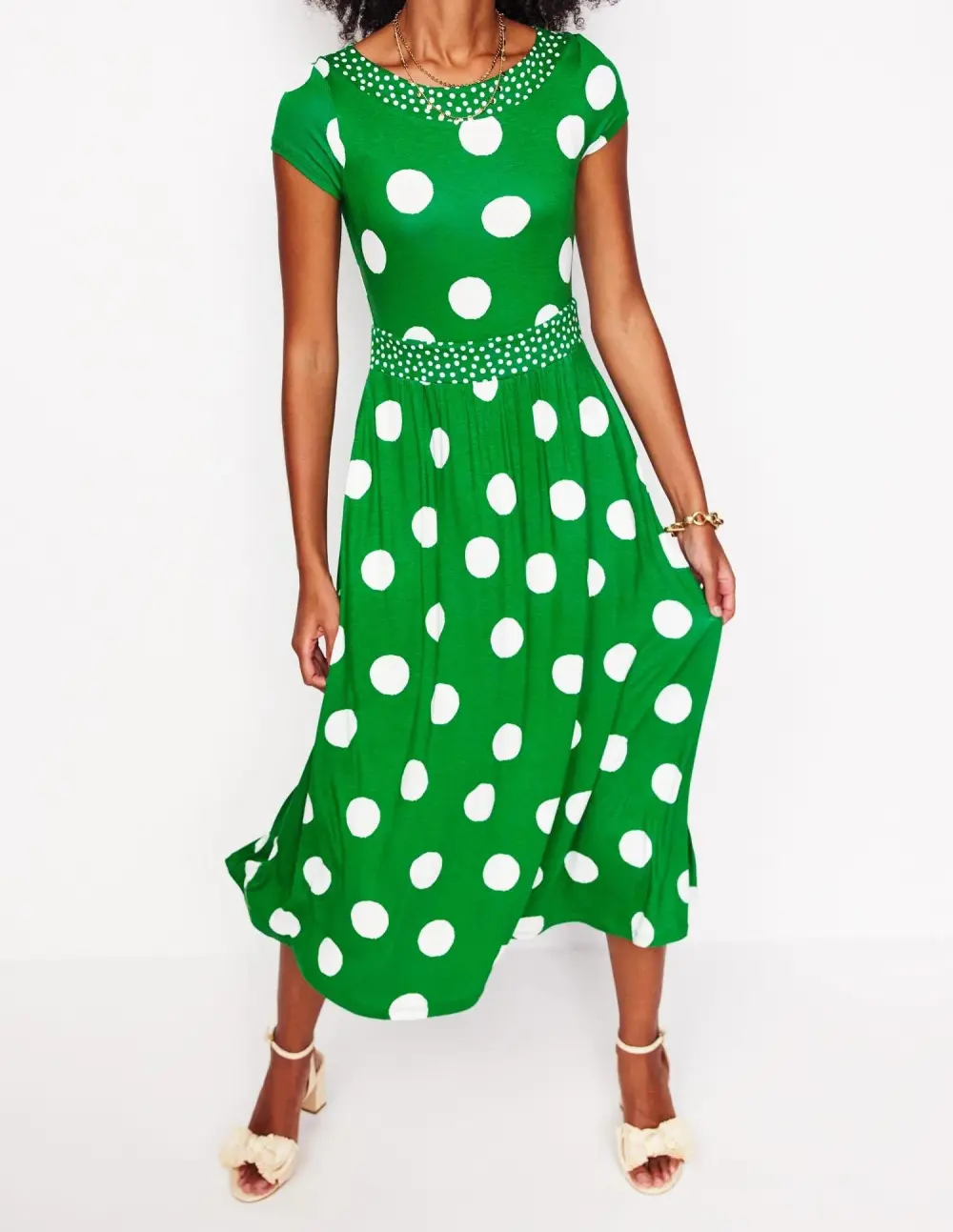 Green Polka - Dot Short - Sleeve Midi Dress