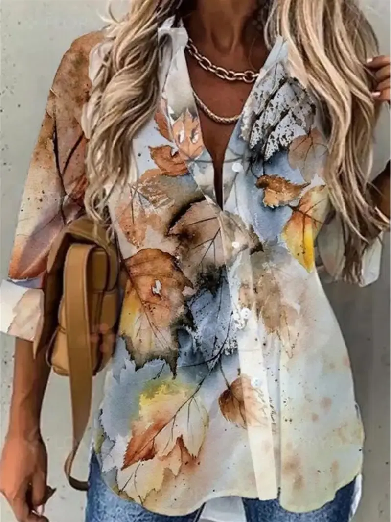 Women 3/4 Sleeve Shirt Collar Floral Printed Animal Print Button Top Shirts