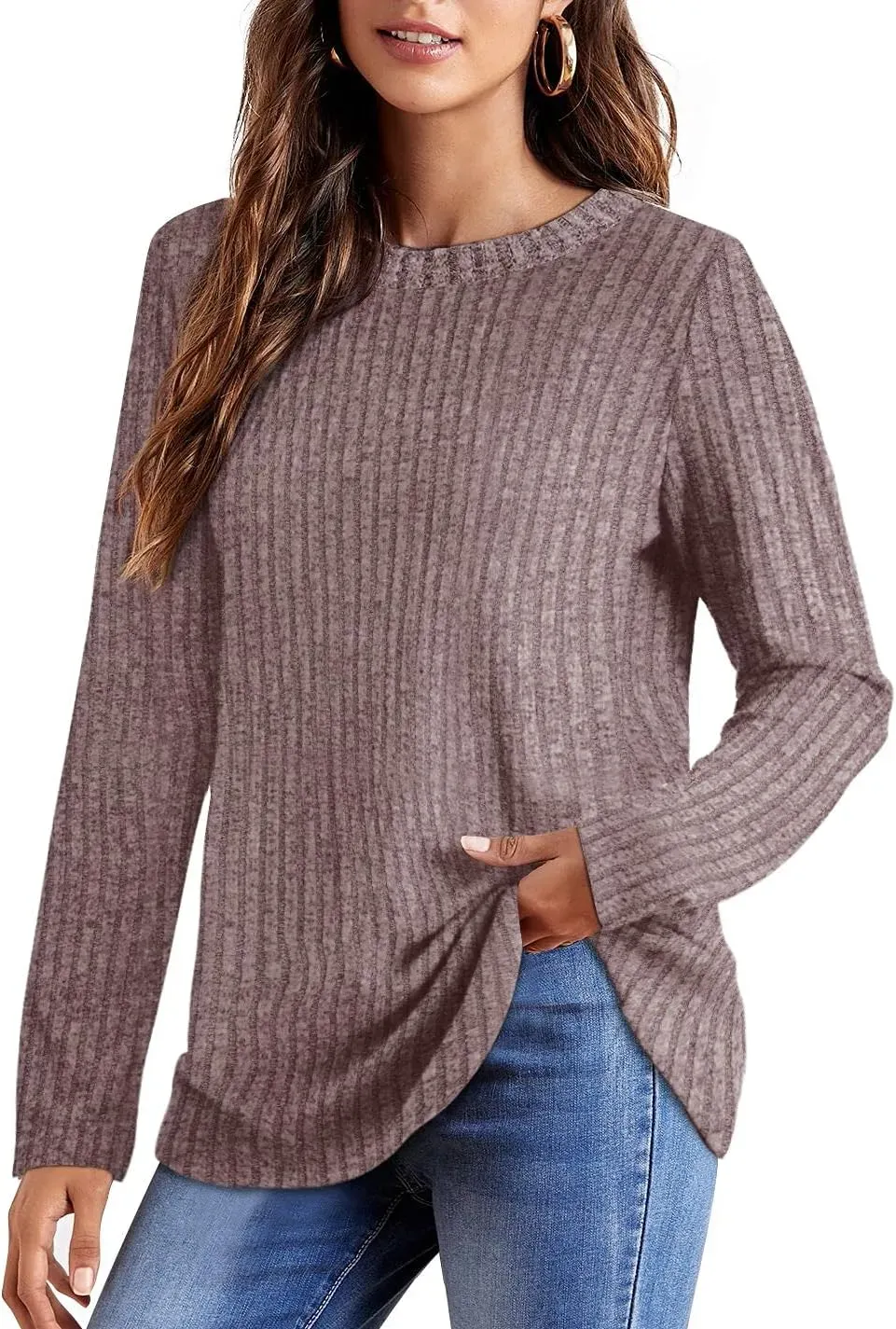 OFEEFAN Long Sleeve Shirts for Women Lightweight Crew Neck Casual Tunic Tops