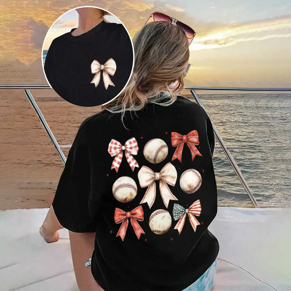 Combination Of 4 Baseballs And 5 Different Bows, One Of Which Features An American Flag, For A Casual T-Shirt.