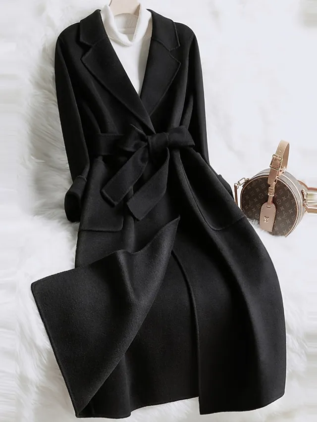 Women's Winter Coat Coat Warm Breathable Outdoor Daily Wear Vacation Going out Pocket With Belt Single Breasted Turndown Active Fashion Comfortable Street Style Solid Color Regular Fit Outerwear Long