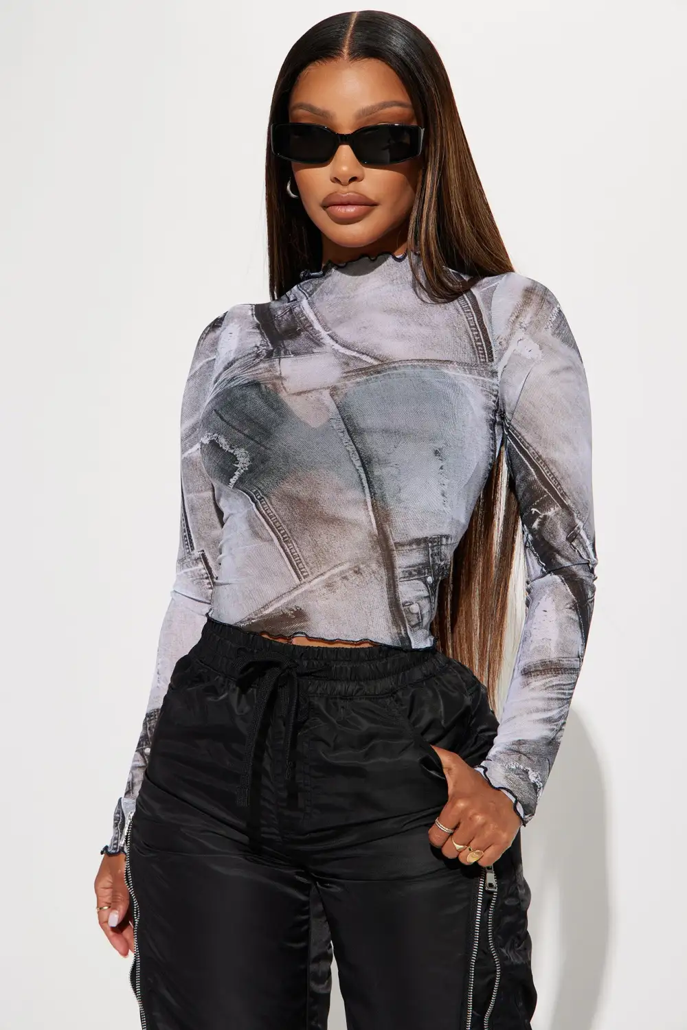 Sarai Mesh Mock Neck Top - Black/combo