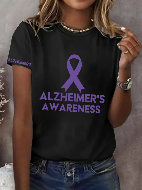 Women'S Alzheimers Awareness Printed Round Collar Casual T-Shirt