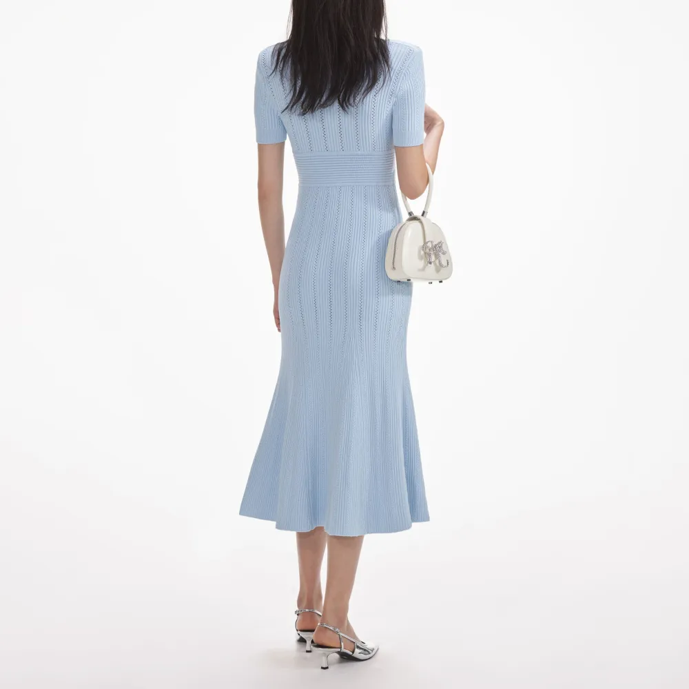 Blue Pointelle Knit Midi Dress