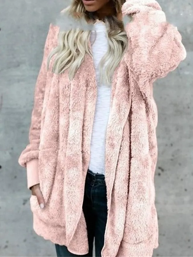 Women's Fleece Sherpa Jacket Teddy Bear Coat with Hood Open Front Winter Coat Fall Windproof Warm Comtemporary Stylish Plush Jacket Long Sleeve Plain with Pockets Oversize Lotus Black