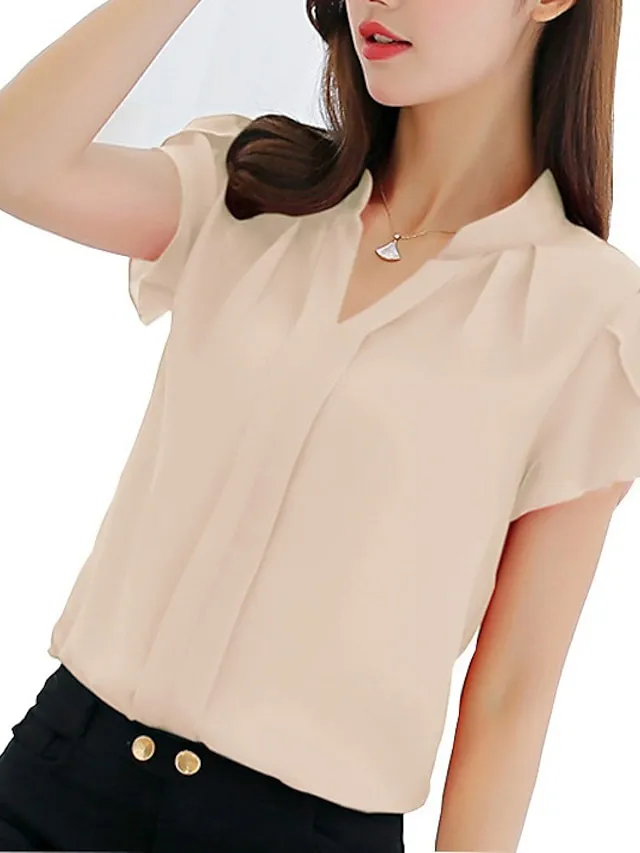 Women's Shirt Blouse White Pink Red Plain Short Sleeve Work Casual Basic Elegant V Neck Regular Slim S
