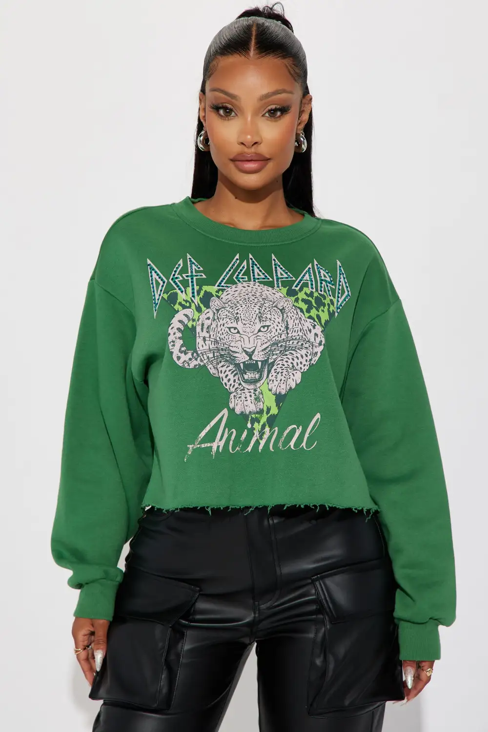 Def Leppard Rhinestone Crop Sweatshirt - Green