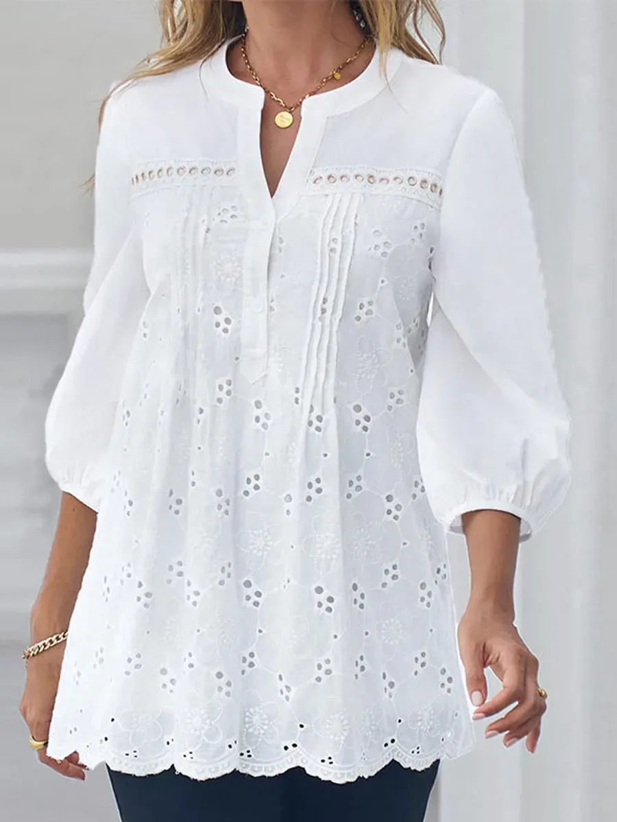 V-neck Casual Loose Hollow Beach Vacation Long-sleeved Blouse