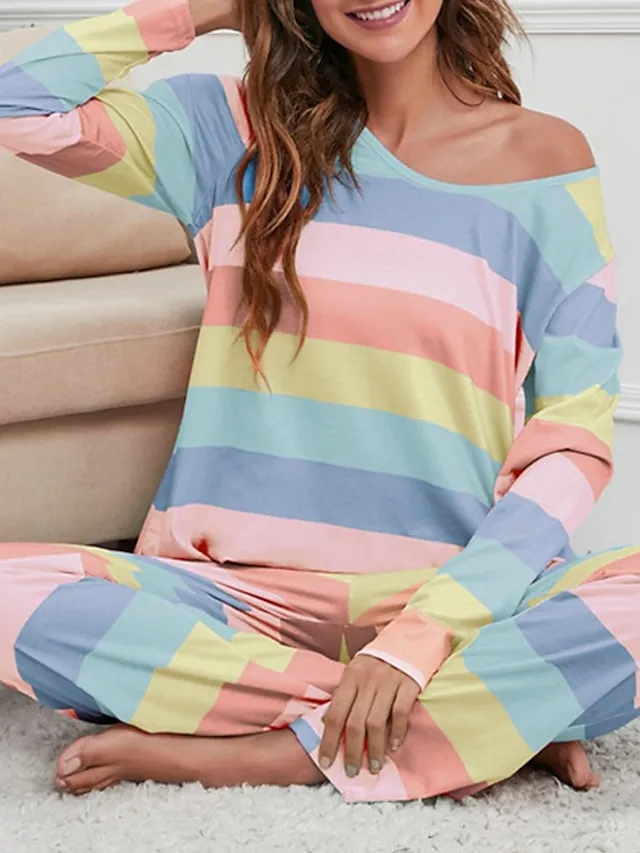 Women's Pajamas Nighty Pjs Sets 2 Pieces Rainbow Stripe Fashion Comfort Soft Home Daily Bed Cotton Breathable V Wire Long Sleeve T shirt Tee Pant Spring Fall Yellow Blue