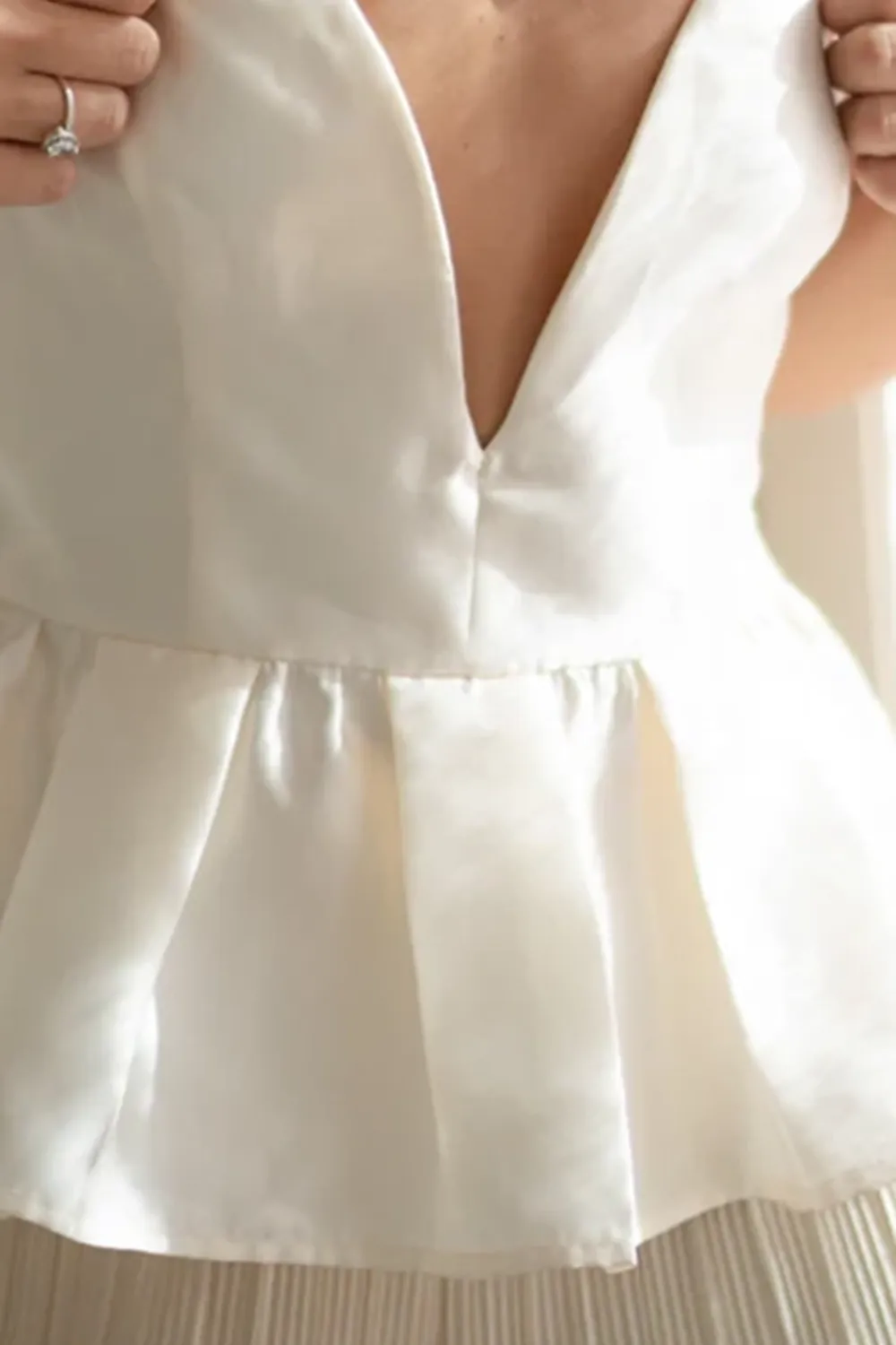 Ivory Plunge Satin Peplum Top