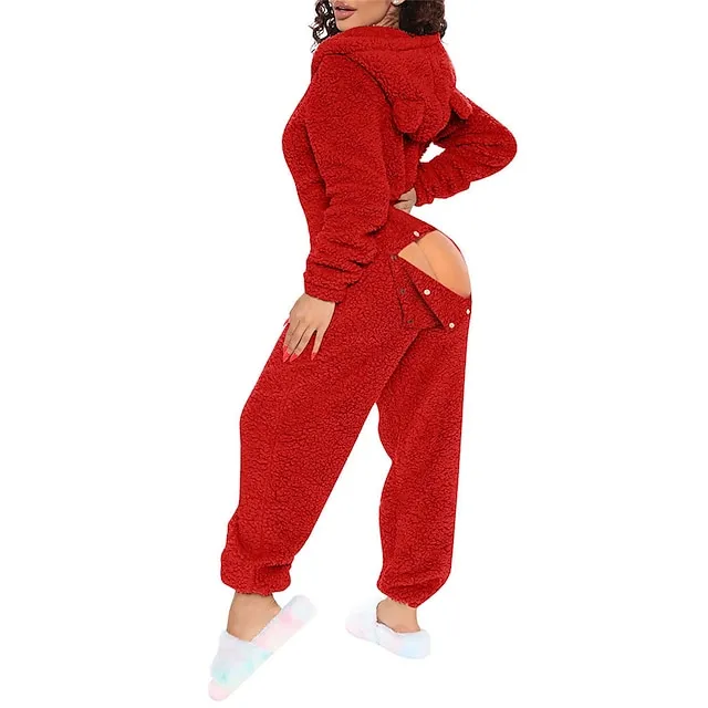 Women's Plush Onesie Christmas Pure Color Warm Fashion Home Xmas Daily Bed Polyester Warm Hoodie Long Sleeve Hole Fall Winter Black Pink