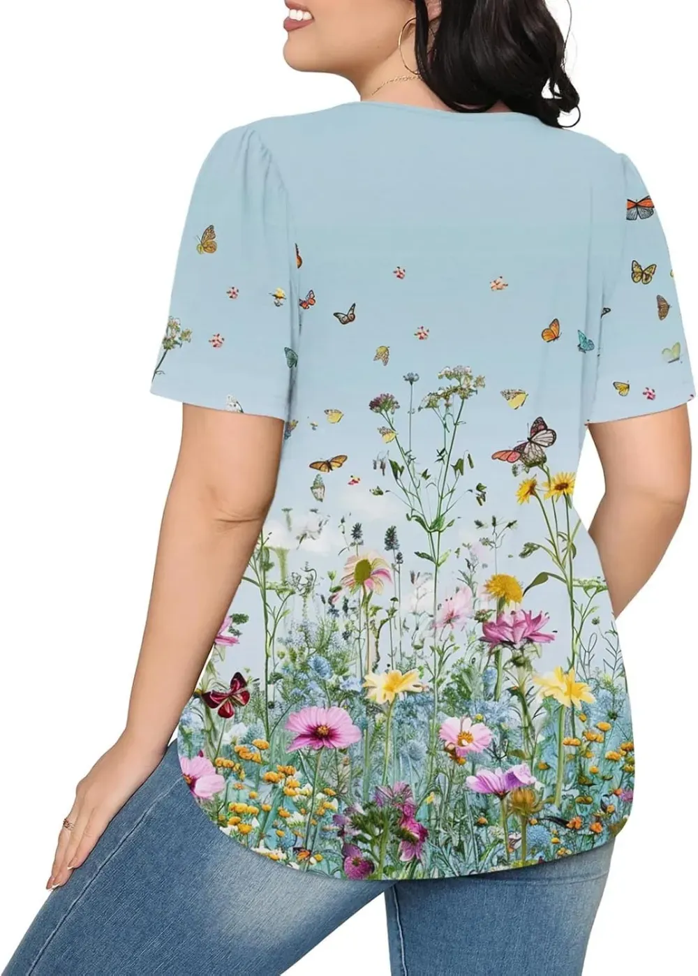 Womens Summer Pleated Front Shirts Tunics Casual Short Sleeved Loose Round Neck Boho Printed Tops Vacation Blouse