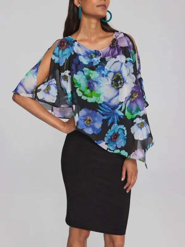 Black Multi - Floral Cape - Sleeve Dress