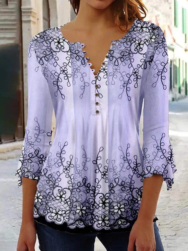 Women's Shirt Blouse Pink Blue Purple Floral Button Print 3/4 Length Sleeve Casual Holiday Basic Round Neck Regular Fit Floral