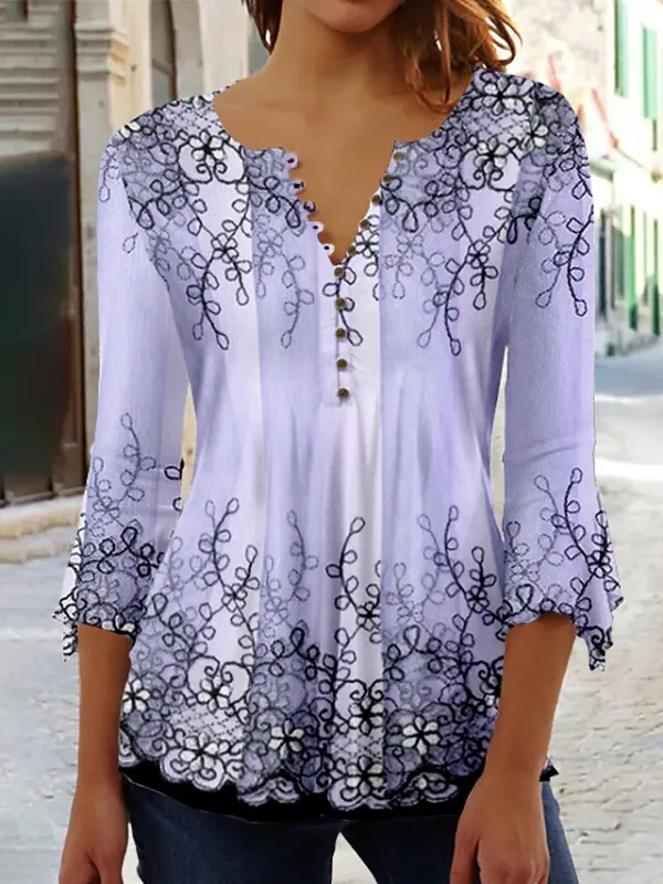 Women's Shirt Blouse Pink Blue Purple Floral Button Print 3/4 Length Sleeve Casual Holiday Basic Round Neck Regular Fit Floral