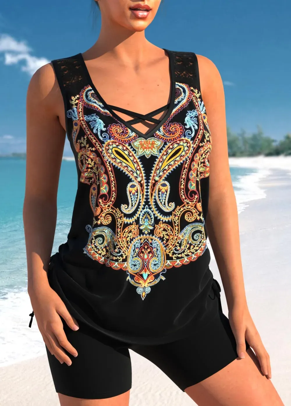 Floral Print Black Cross Strap Tankini Set