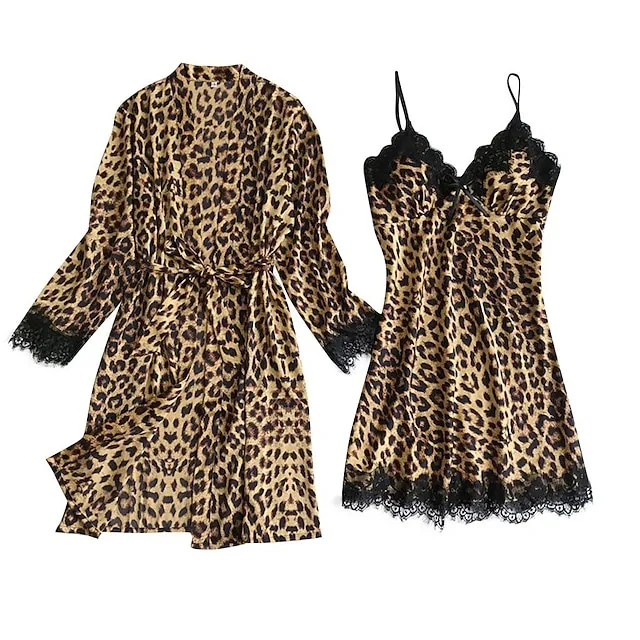 Women's Pajamas Robes Gown Nightgown Nighty 2 Pieces Leopard Simple Retro Hot Party Home Daily Polyester Breathable Gift V Wire Sleeveless Shorts Print Spring Fall Khaki