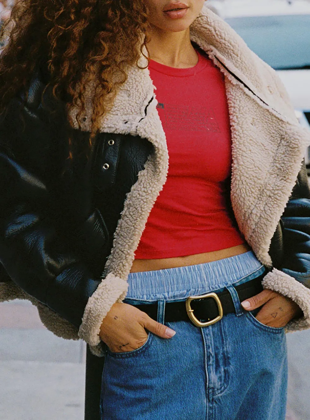 Black Faux Leather Jacket with Shearling Trim