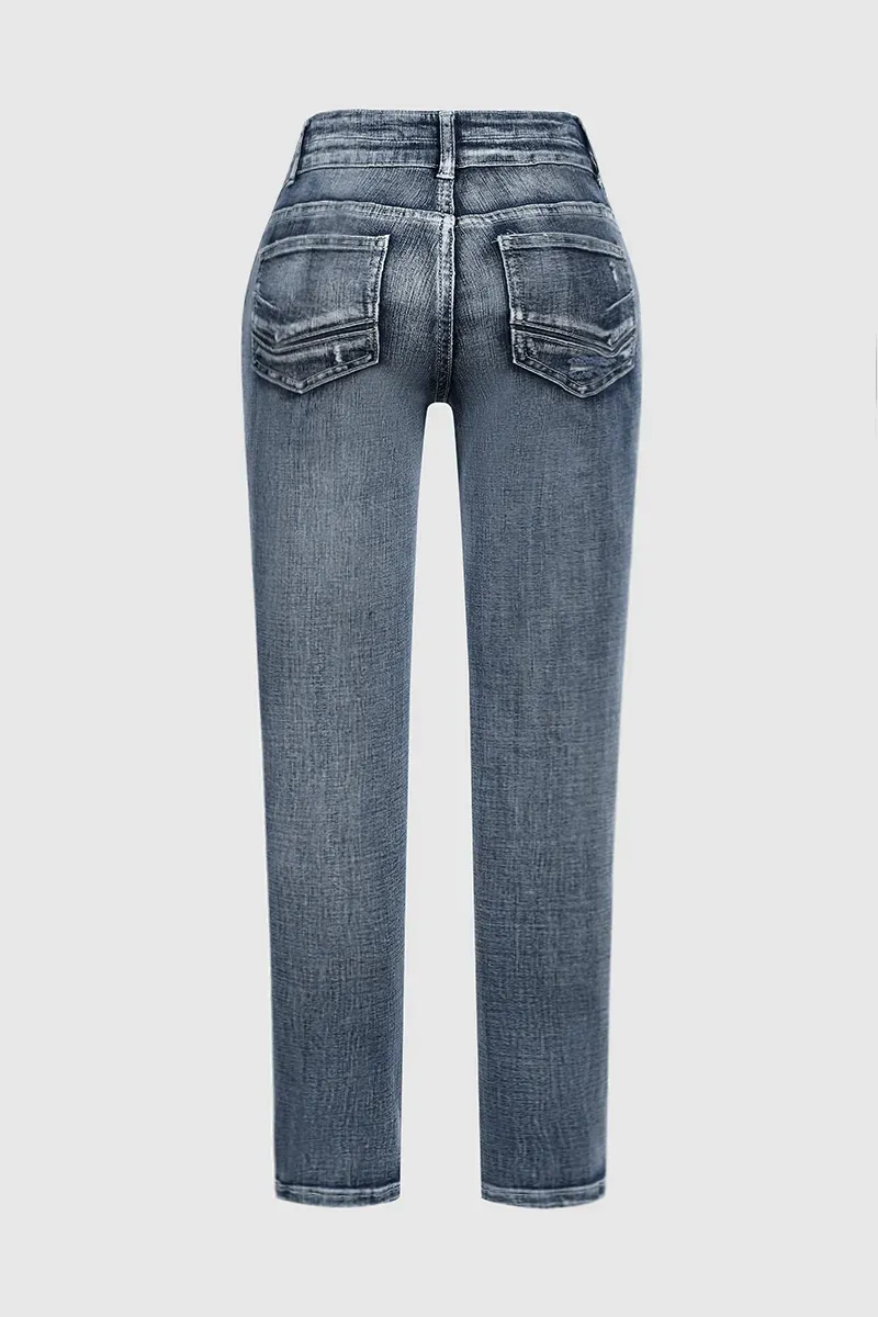 Mid Waist Double Button Skinny Jeans