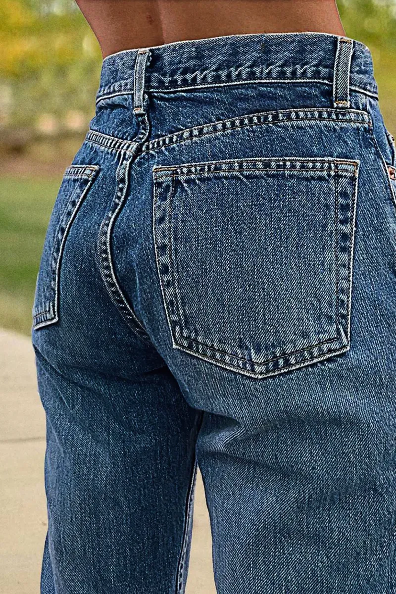 Button Fly Mid Waist Straight Leg Jeans