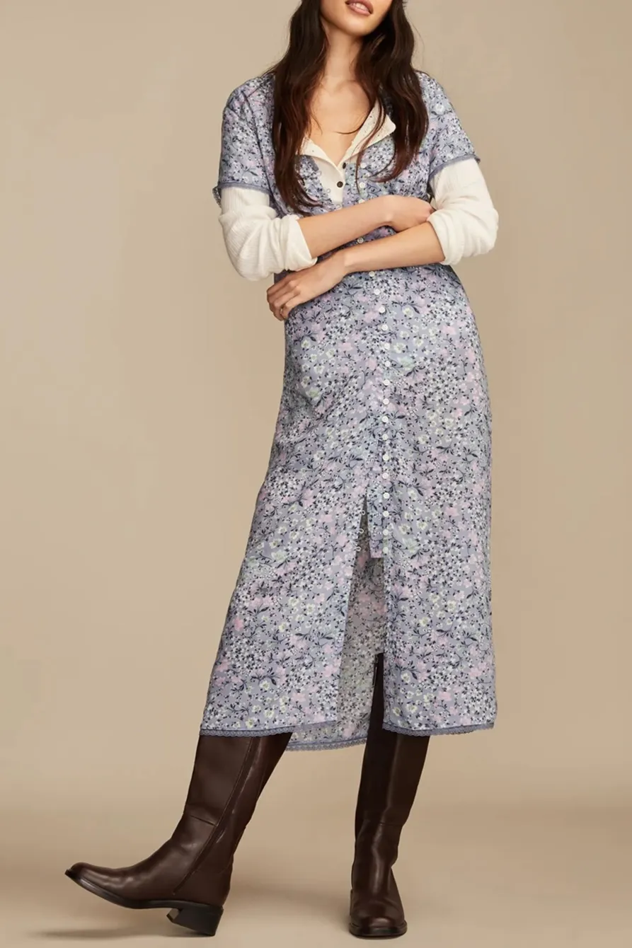 Blue Multi Lace Trimmed Button Front Midi Dress