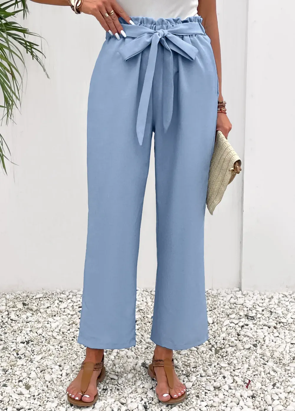 Dusty Blue Pocket Elastic Waist High Waisted Pants