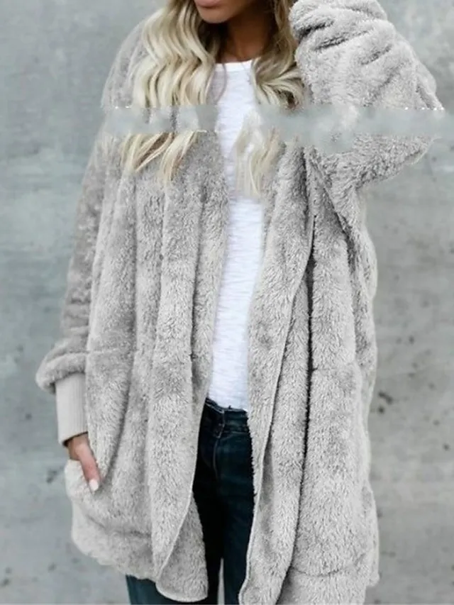 Women's Fleece Sherpa Jacket Teddy Bear Coat with Hood Open Front Winter Coat Fall Windproof Warm Comtemporary Stylish Plush Jacket Long Sleeve Plain with Pockets Oversize Lotus Black