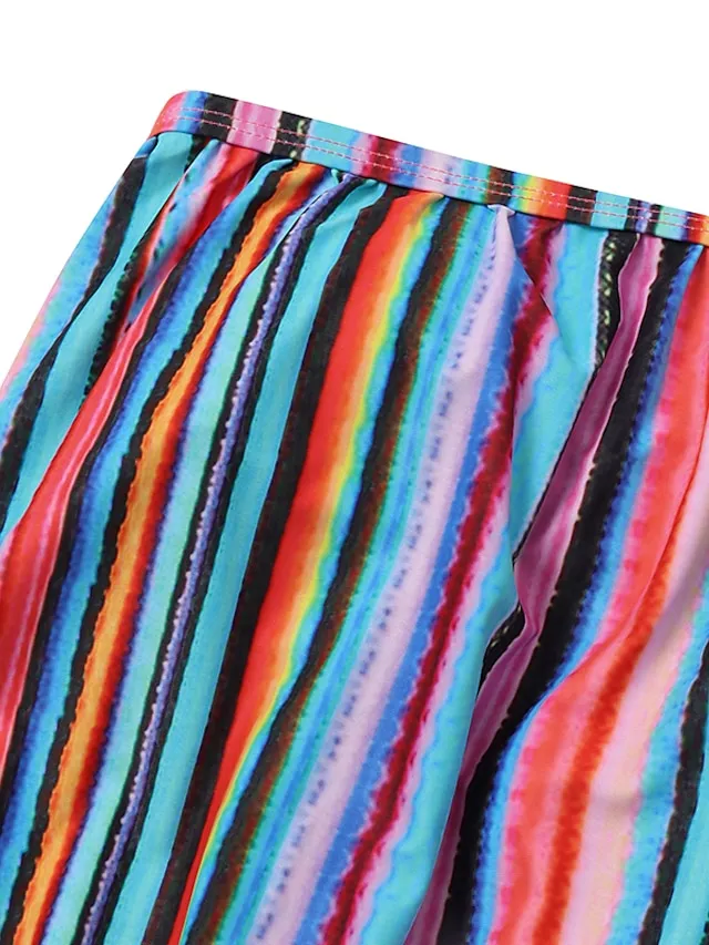 Women's Swimwear Tankini 2 Piece Plus Size Swimsuit 2 Piece Modest Swimwear Open Back Stripe Printing Striped Blue Tube Top Strapless Bathing Suits Sports Vacation Beach Wear