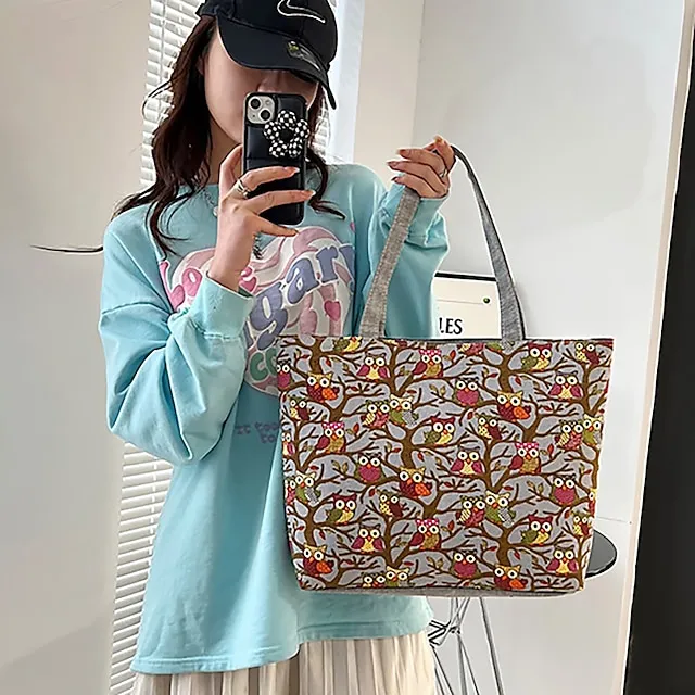 Women's Tote Shoulder Bag Canvas Tote Bag Canvas Shopping Daily Zipper Large Capacity Foldable Lightweight Striped Patchwork Folk Red stripes Red square Black square