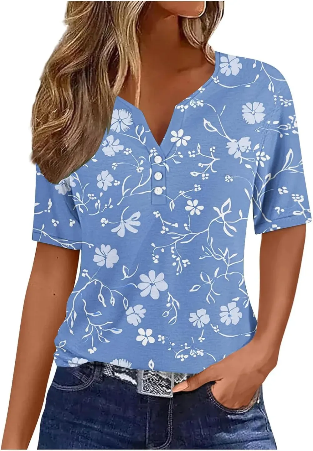 Shirts for Women Casual Printed Summer Tops Short-Sleeved Button V-Neck Tops Blouse Fashion Boho T-Shirts